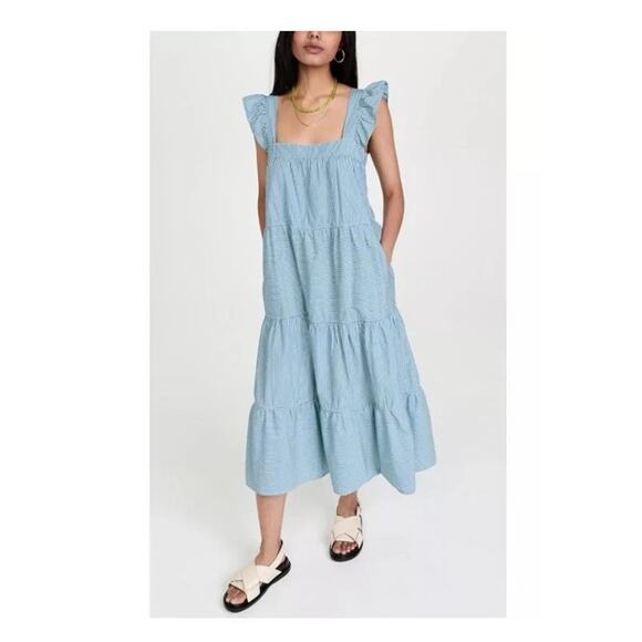 Nation LTD Womens Camille Blue Striped Cotton Tiered Ruffle Cottage Midi Dress L - Picture 13 of 13